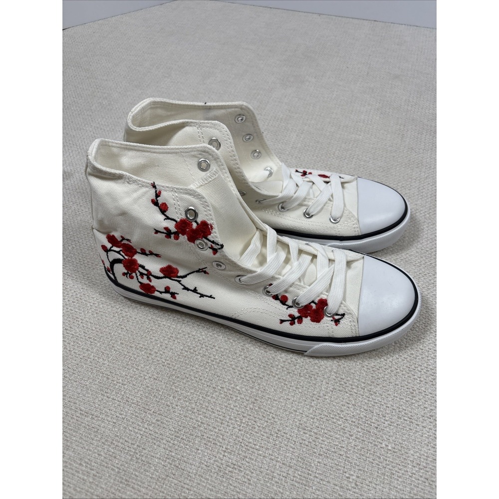 Unisex High Top Canvas Sneakers Red Cherry Blossom Embroidered White Size 10